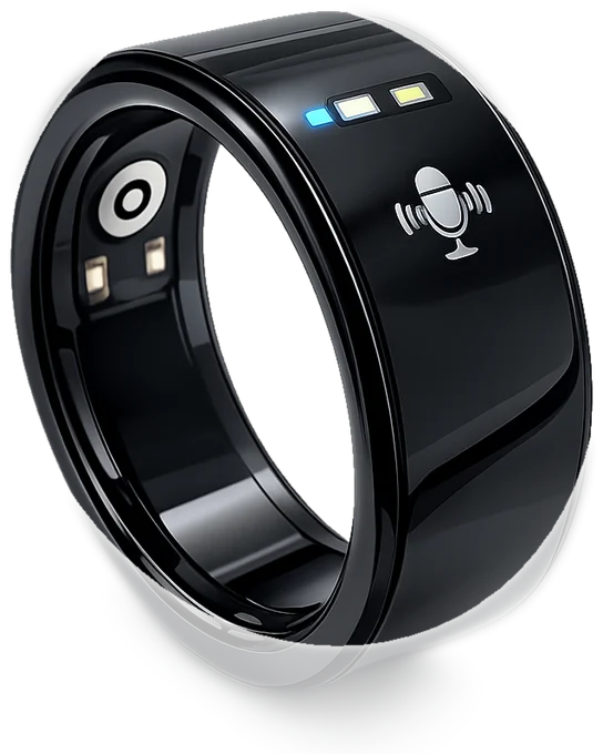 Kira AI Ring in Midnight Black, floating, its microphone display active