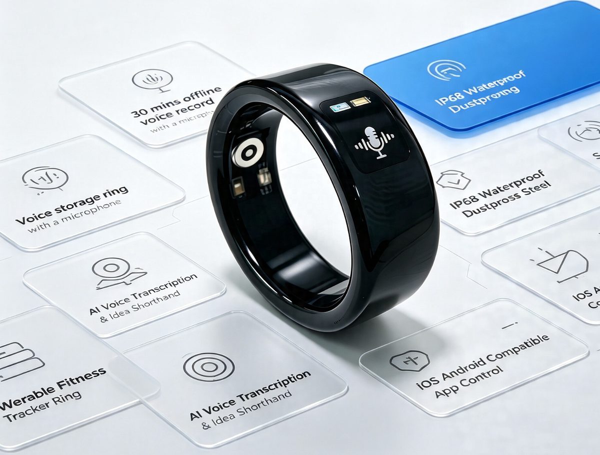 Kira AI Ring in Midnight Black standing upright among glass feature cards listing voice recording, AI transcription, and waterproof specs